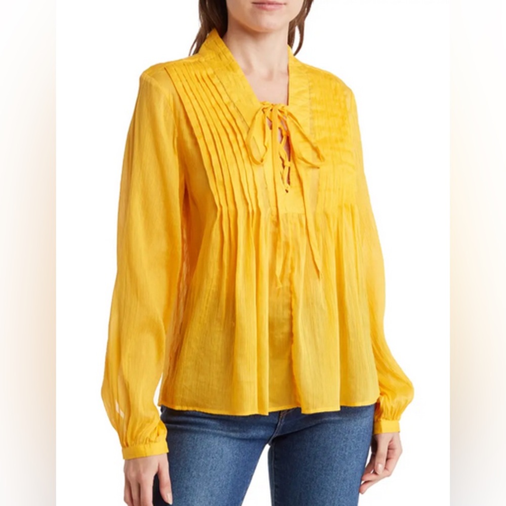 Rag & Bone Sachi Pleat Split Neck Silk Blend Top Saffron Yellow Women's Large